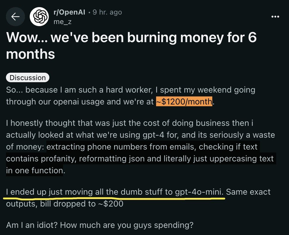 There’s a new illness. I call it “LLM Dependency Syndrome.”

You can save that $1,200/month by writing simple code:
&gt;extract phone numbers: regex
&gt;check profanity: blacklist
&gt;reformat JSON: json parser
&gt;uppercase text: .upper()

These few lines of code are faster, cost nearly $0,