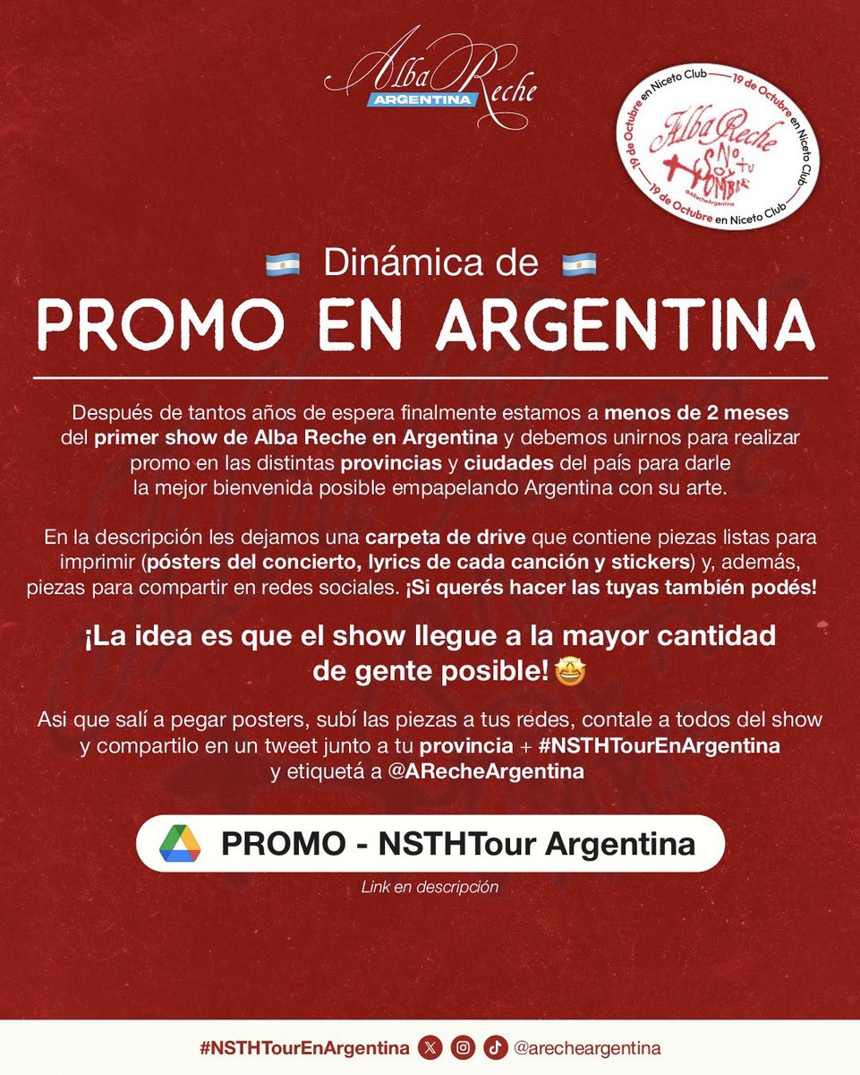 🇦🇷 | ¡Llegó la tan esperada promo en Argentina! 

Hicimos varios pósters y stickers para salir a pegar y empapelar las calles de Alba🙂‍↕️ También pueden usar diseños propios, mientras más mejor 🤝

No olviden compartirlo con #NSTHTourEnArgentina 🇦🇷

📁 drive.google.com/drive/folders/…