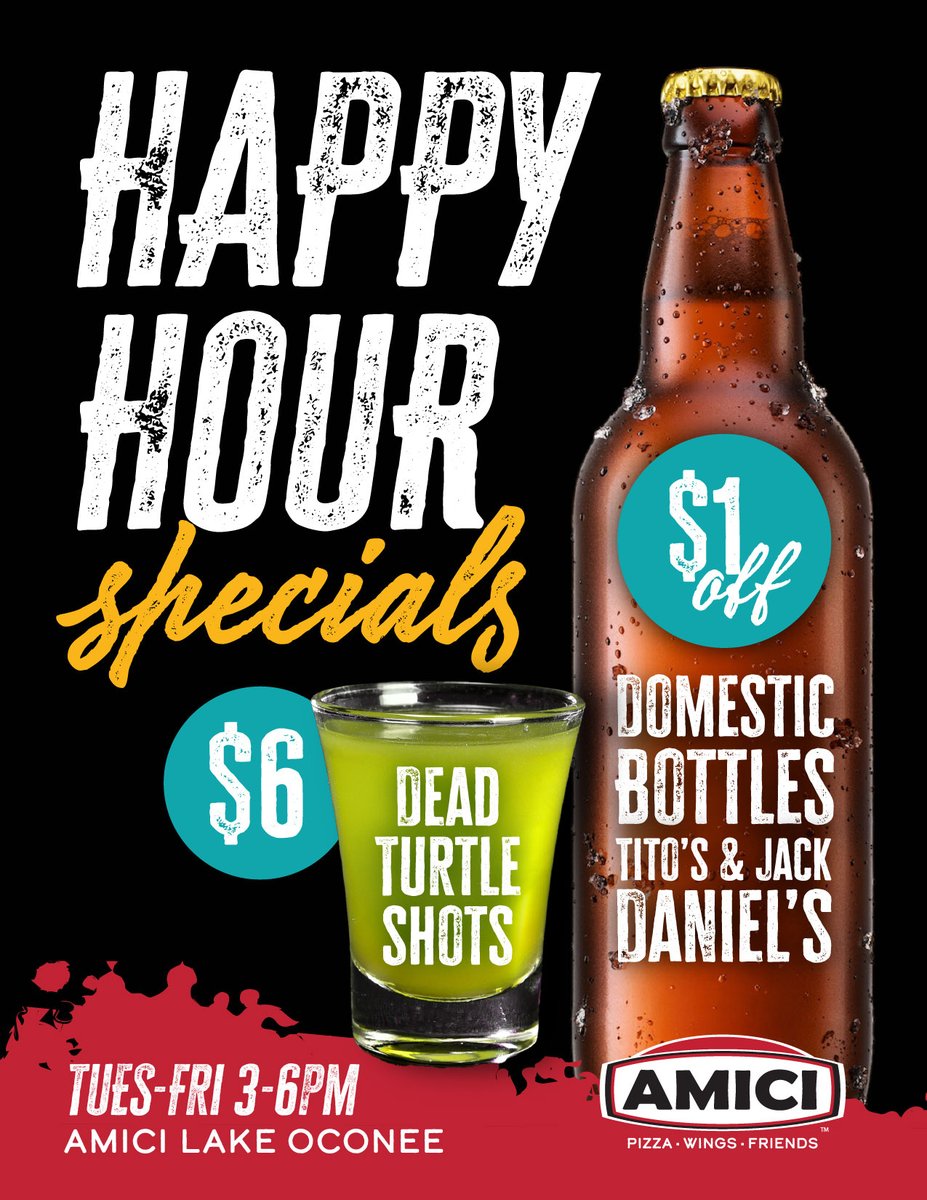 The best part of your day starts here.

Happy Hour | Monday–Friday | 3–6 PM
👉 $6 Dead Turtle shots
👉 $1 off domestic bottles, Tito’s, and Jack Daniel’s

Good drinks, good friends, good times. 🍻

#AmiciLakeOconee #DrinkLocal #PizzaWingsBeer