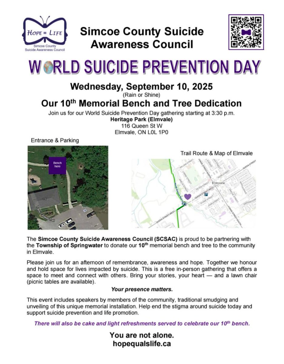 Simcoe County Suicide Awareness Council (@hopeequalslife) on Twitter photo All (including media) are welcome to join the Simcoe County Suicide Awareness Council on World Suicide Prevention Day (Wednesday Sept 10, 2025 at 3:30pm) for our 10th Memorial Bench Dedication at Heritage Park, 116 Queen St W, Elmvale, Ontario. #WSPD #WSPD2025 All (including media) are welcome to join the Simcoe County Suicide Awareness Council on World Suicide Prevention Day (Wednesday Sept 10, 2025 at 3:30pm) for our 10th Memorial Bench Dedication at Heritage Park, 116 Queen St W, Elmvale, Ontario. #WSPD #WSPD2025