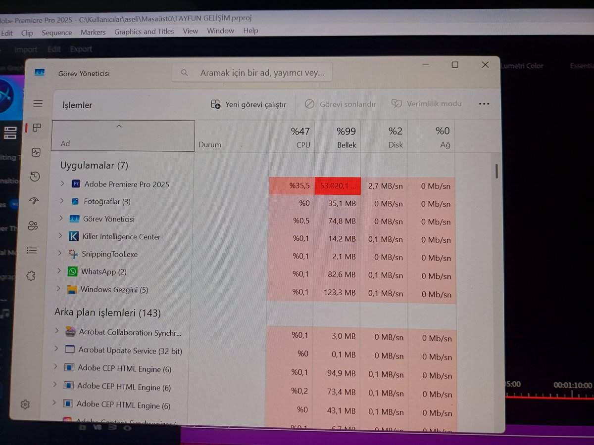 64gb bir sistem basit bi 4k render için nasıl yetmez, sen nasıl bi canavarsın eyy premier!!