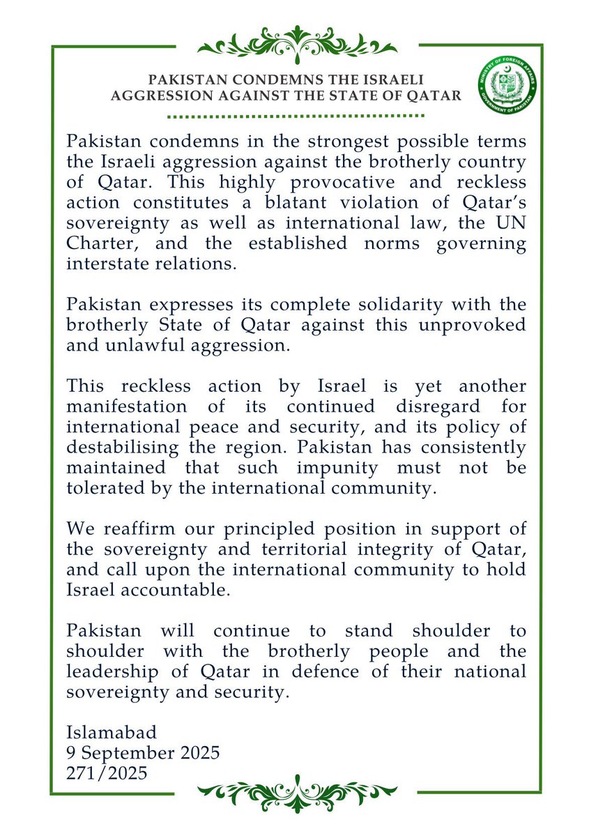 JUST IN:

Pakistan condemns Israel's strike in Qatar as a violation of international law, fully supporting Qatar's government and people.