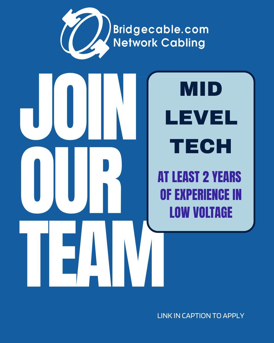 bridgecable's tweet image. Check out the new position we&apos;re hiring for. Need more info? Click the link below. ⚙️📋
indeed.com/job/low-voltag… 
#LowVoltageTech #JoinOurTeam #NewPosition #Hiring