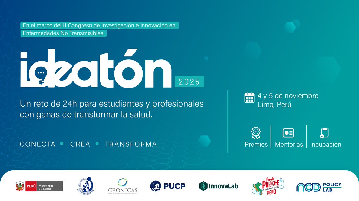 #Ideaton2025 #Innovación #Salud

Nos complace anunciar que están abiertas las postulaciones a la IDEATÓN 2025, un desafío intensivo de 24 horas para estudiantes y profesionales apasionados por transformar la salud.
