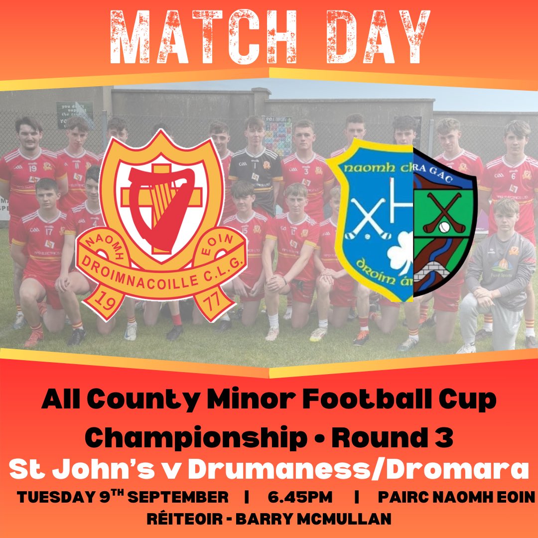 All County Minor Football Cup Championship • Round 3🔴🟡🏐

The Minor boys play in Round 3 of their group in the All County Minor Football Cup Championship tonight💪

📅Tuesday 9th September
⏰Throw in at 6.45pm
📍Pairc Naomh Eoin

Best of luck lads💪☘️

#UTJ❤️💛 #GAA #champo