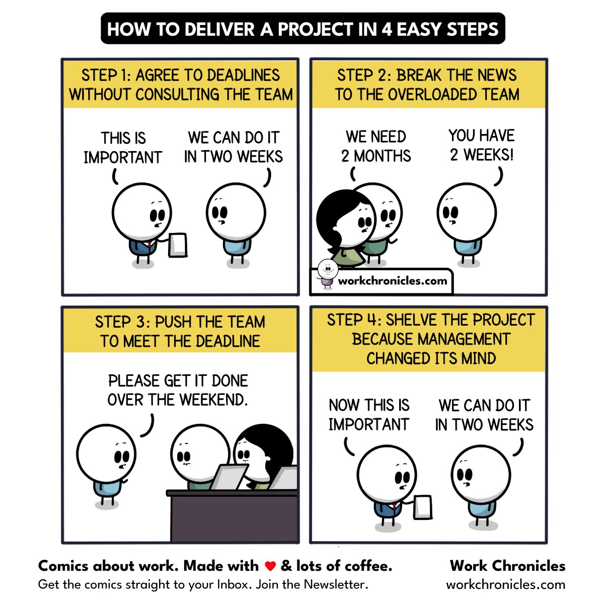 _workchronicles's tweet image. (comic) How to deliver a project in 4 easy steps