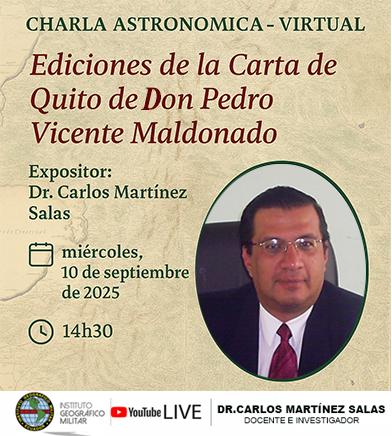 ➡️𝐂𝐇𝐀𝐑𝐋𝐀 𝐀𝐒𝐓𝐑𝐎𝐍𝐎́𝐌𝐈𝐂𝐀 𝐕𝐈𝐑𝐓𝐔𝐀𝐋: EDICIONES DE LA CARTA DE QUITO DE DON PEDRO VICENTE MALDONADO Miércoles: 10 de septiembre  
Ponente: Dr. Carlos Martínez Salas Hora: 14h30 Transmisión en vivo por YouTube Live del IGM  youtube.com/channel/UCN-Zx…