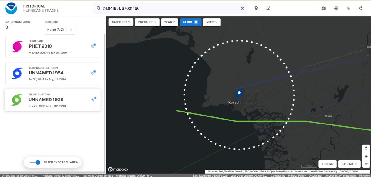 CycloneAnalyser's tweet photo. #Nongfa now located just 55 km of #Karachi,#Pakistan. Historically only 3 systems came so close to the city.

1) The #Depression in 1894 nearly matches with the current system track.
2) Land #Cyclone 01 is the strongest cyclone to come so close to Karachi.
3) #Phet(2010) was last https://t.co/2szNeLOdUj