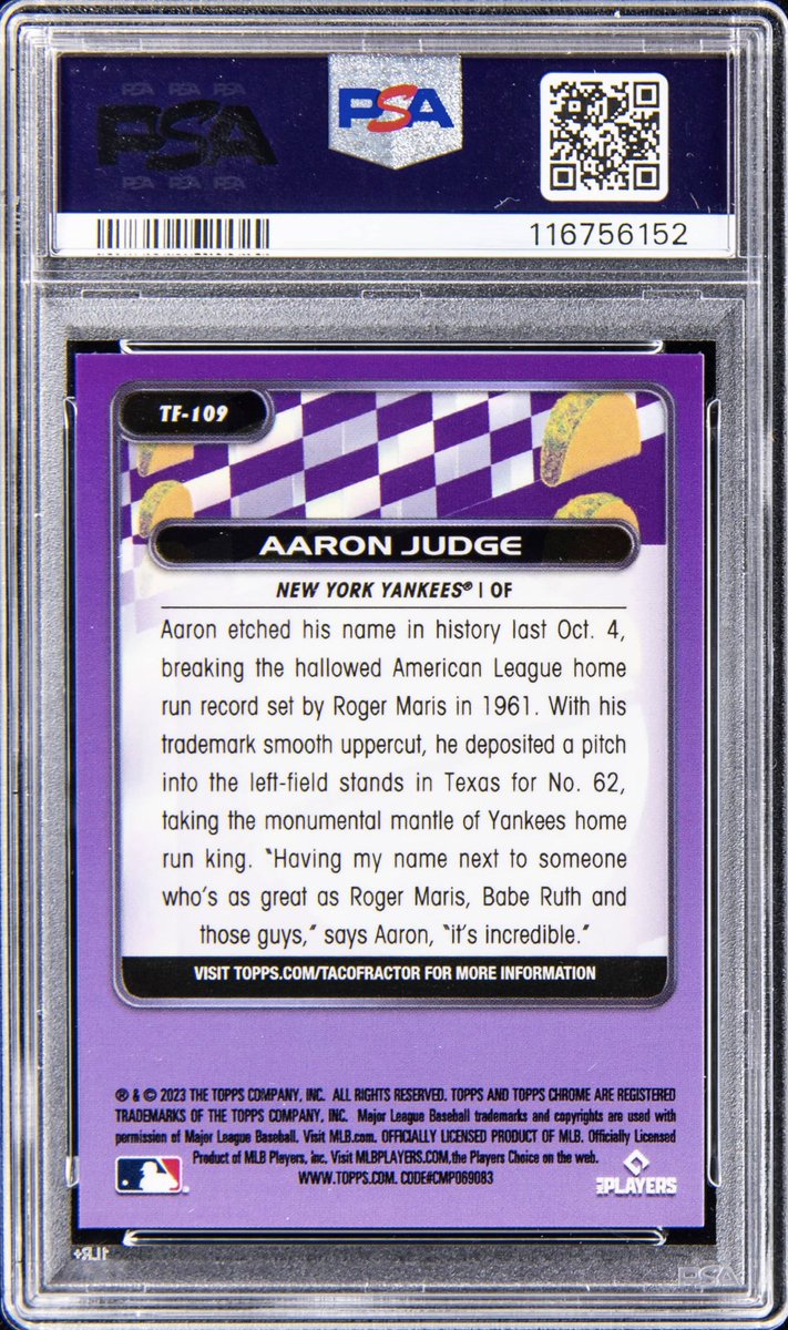 #Grail 🔥 2023 Topps Chrome Tacofractor Aaron Judge /5 PSA 9 First card I’ve ever consigned—now live at Goldin’s Elite Auction! Bid Now👉 goldin.co/item/2023-topp… #AaronJudge #ToppsChrome #Tacofractor #PSA9 #GoldinAuctions #BlacktieBreaks #Yankees .  .