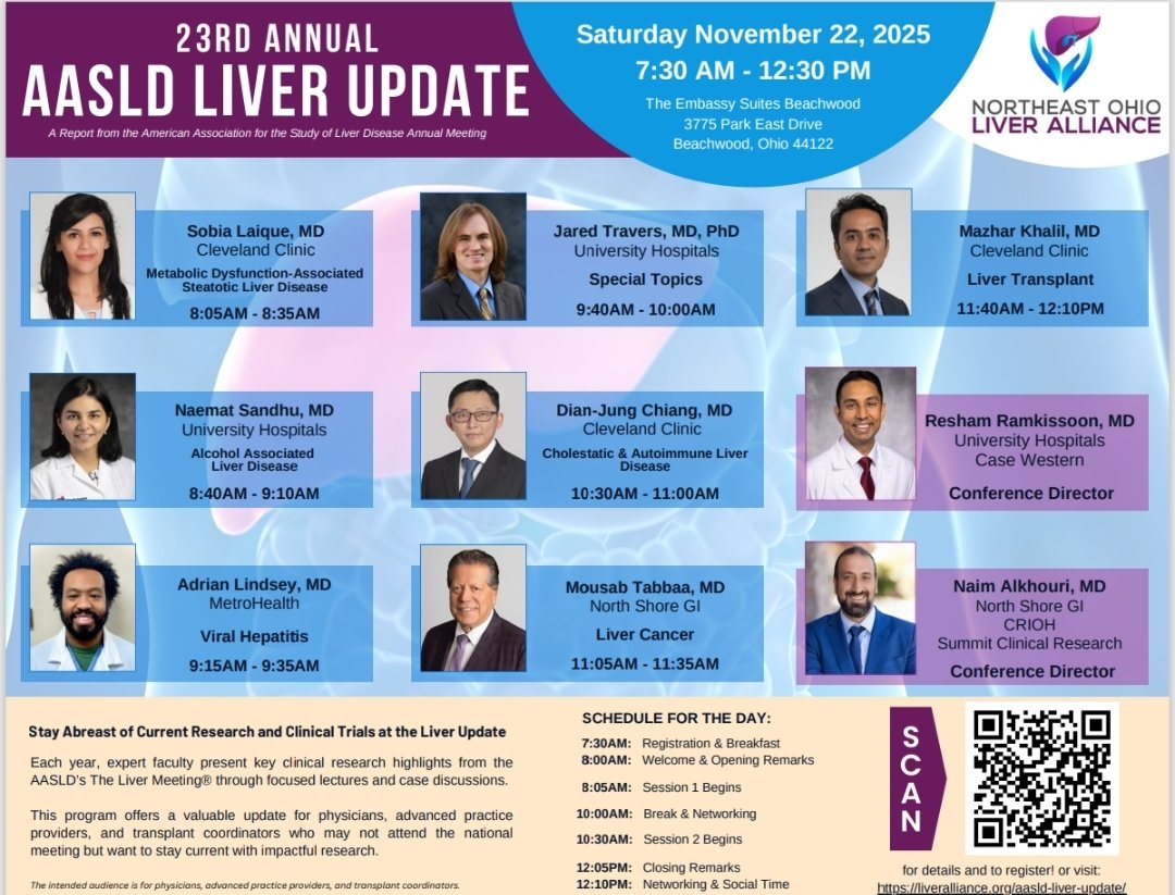 Resham Ramkissoon, MD (@rayrammd) on Twitter photo Closing 2025 with the final event by <a href="/OHIOLIVER/">Northeast Ohio Liver Alliance</a>!
Join us for the <a href="/AASLDtweets/">AASLD</a> Liver Update on 11/22/2025. Scan the QR CODE to register for free!
We have some great speakers lined up! <a href="/SNLaiqueMD/">Sobia Laique MD</a> <a href="/aderlinder/">Adrian Seth Lindsey</a> & more.
<a href="/cwruim/">Case Western/UH IM Chiefs</a> <a href="/CWRU_GI/">CWRU-GI/Case Western GI Fellowship</a> <a href="/CCF_GIFellows/">CCF GI Fellowship</a> <a href="/metrohealthCLE/">MetroHealth</a> Closing 2025 with the final event by <a href="/OHIOLIVER/">Northeast Ohio Liver Alliance</a>!
Join us for the <a href="/AASLDtweets/">AASLD</a> Liver Update on 11/22/2025. Scan the QR CODE to register for free!
We have some great speakers lined up! <a href="/SNLaiqueMD/">Sobia Laique MD</a> <a href="/aderlinder/">Adrian Seth Lindsey</a> & more.
<a href="/cwruim/">Case Western/UH IM Chiefs</a> <a href="/CWRU_GI/">CWRU-GI/Case Western GI Fellowship</a> <a href="/CCF_GIFellows/">CCF GI Fellowship</a> <a href="/metrohealthCLE/">MetroHealth</a>