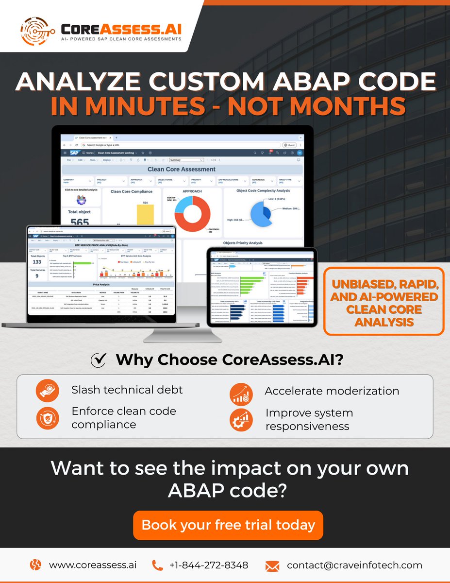 CraveInfotech's tweet image. Analyze ABAP code in minutes—not months—with CoreAssess.AI
Cut technical debt, enforce clean code, and accelerate your #CleanCore SAP journey.
Start your free trial and analyze 5 ABAP objects in minutes: coreassess.ai/?utm_source=Li…
#SAP #ABAP #S4HANA #CoreAssessAI