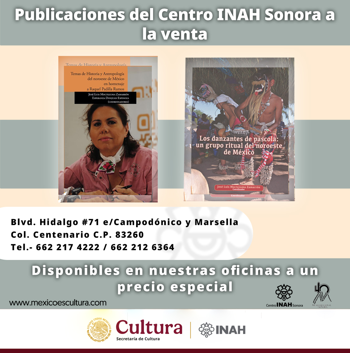 #Disponibles | Publicaciones del <a href="/CISonora/">Centro INAH Sonora</a> a la venta, adquiere estos ejemplares en nuestras instalaciones.

-Temas de Historia y Antropología del noroeste de México en Homenaje a Raquel Padilla Ramos.

-Los danzantes de pascola: un grupo ritual del noroeste de México

#Noroeste