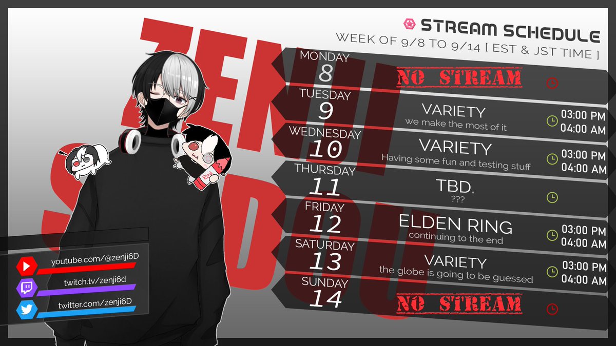 Zenji6D's tweet photo. 「September 8th - September 14th」Schedule for this week
a bit more variety focused this week as i'm experimenting with some background programs and hopefully my pc doesn't die on me.
📷 TAGS:
ART: #Zenjillust
CLIPS: #ZenjiClips https://t.co/70wx76oESC