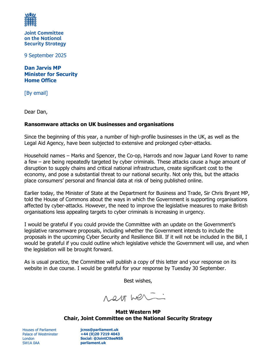 Joint Committee on the National Security Strategy (@jointcttenss) on Twitter photo Our Chair, <a href="/MattWestern_/">Matt Western MP πΉ π¬π§π¨π¦</a>, has requested an update on the Government's ransomware proposals following a number of high-profile cyber-attacks on UK businesses and organisations since the beginning of this year. Our Chair, <a href="/MattWestern_/">Matt Western MP πΉ π¬π§π¨π¦</a>, has requested an update on the Government's ransomware proposals following a number of high-profile cyber-attacks on UK businesses and organisations since the beginning of this year.