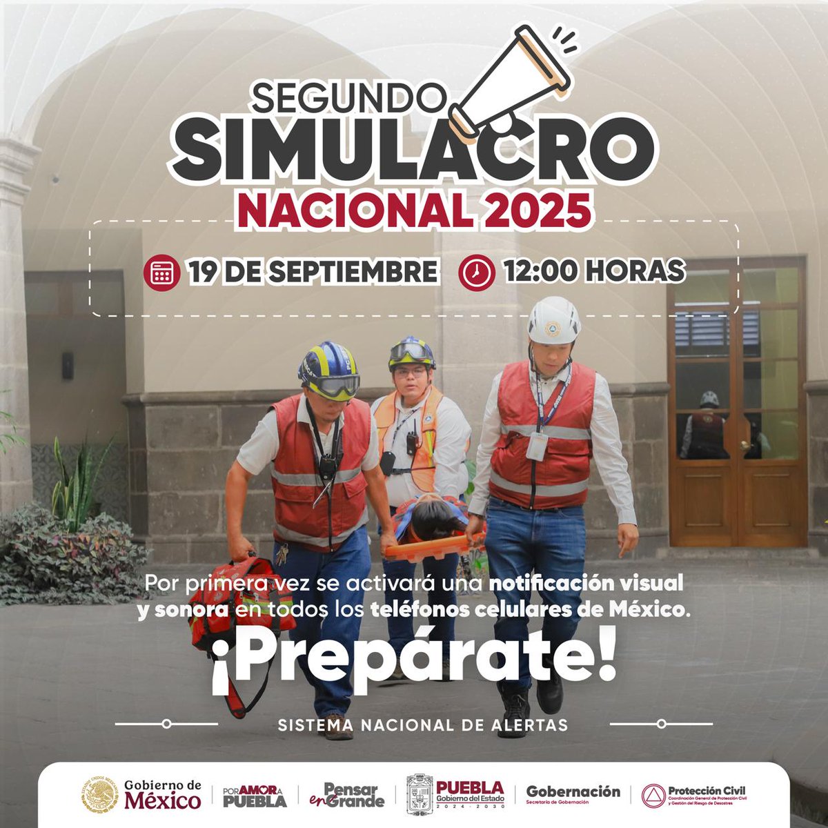 SSPGobPue's tweet photo. ⚠️ Estar prevenidos salva vidas.

Este 19 de septiembre a las 12:00 horas, participa en el #SegundoSimulacroNacional2025.

Por primera vez, una alerta visual llegará a todos los celulares del país.

🧭 Practicar hoy puede hacer la diferencia mañana.

#PorAmorAPuebla en el @Gob_Puebla actuamos con responsabilidad.