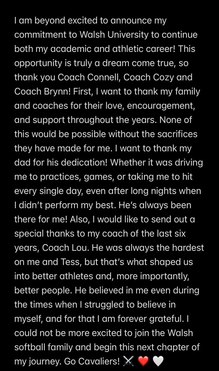 #Committed Can’t wait for the next four!! ♥️🤍⚔️
<a href="/BBHBeesSoftball/">Brecksville-Broadview Heights HS Softball</a> <a href="/18UOHT3MavsGold/">18U Ohio T3 Mavericks Gold</a> <a href="/WalshUSoftball/">Walsh Softball</a>