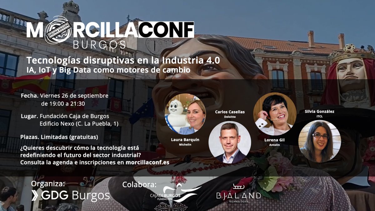 MorcillaConf's tweet image. 🚀 Renovamos nuestra colaboración con @Fundcajaburgos para seguir creando comunidad e impulsando la digitalización e innovación en Burgos.
Y el 26 de septiembre abrimos la #MorcillaConf con una mesa redonda sobre IA, IoT y Big Data en la Industria 4.0
morcillaconf.es