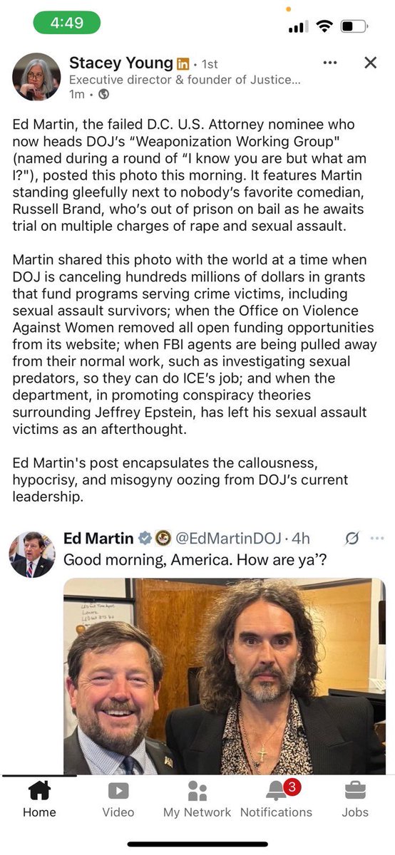 Ed Martin - failed D.C. U.S. Attorney nominee and now head of DOJ’s “Weaponization Working Group” - proudly posed with Russell Brand, out on bail for rape charges.

Meanwhile DOJ slashes victim programs and sidelines survivors. 

This is what corruption looks like.