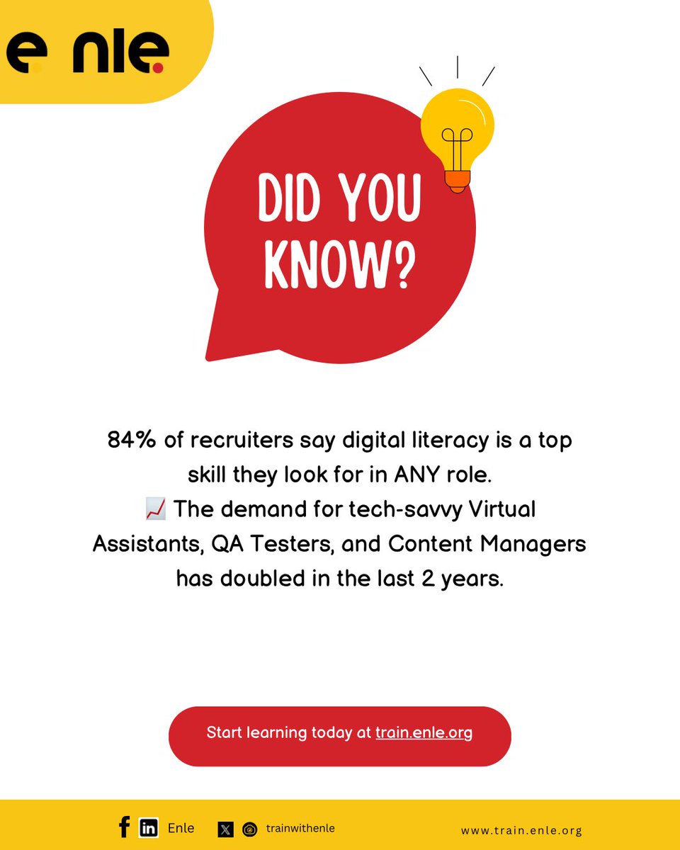 DID YOU KNOW?
84% of recruiters say digital skills are now more important than degrees.
Tech-savvy VAs, QA Testers, and Content Managers are in high demand — and it’s only growing.
Start learning the skills employers actually want.
Join a hub today at train.enle.org/hubs