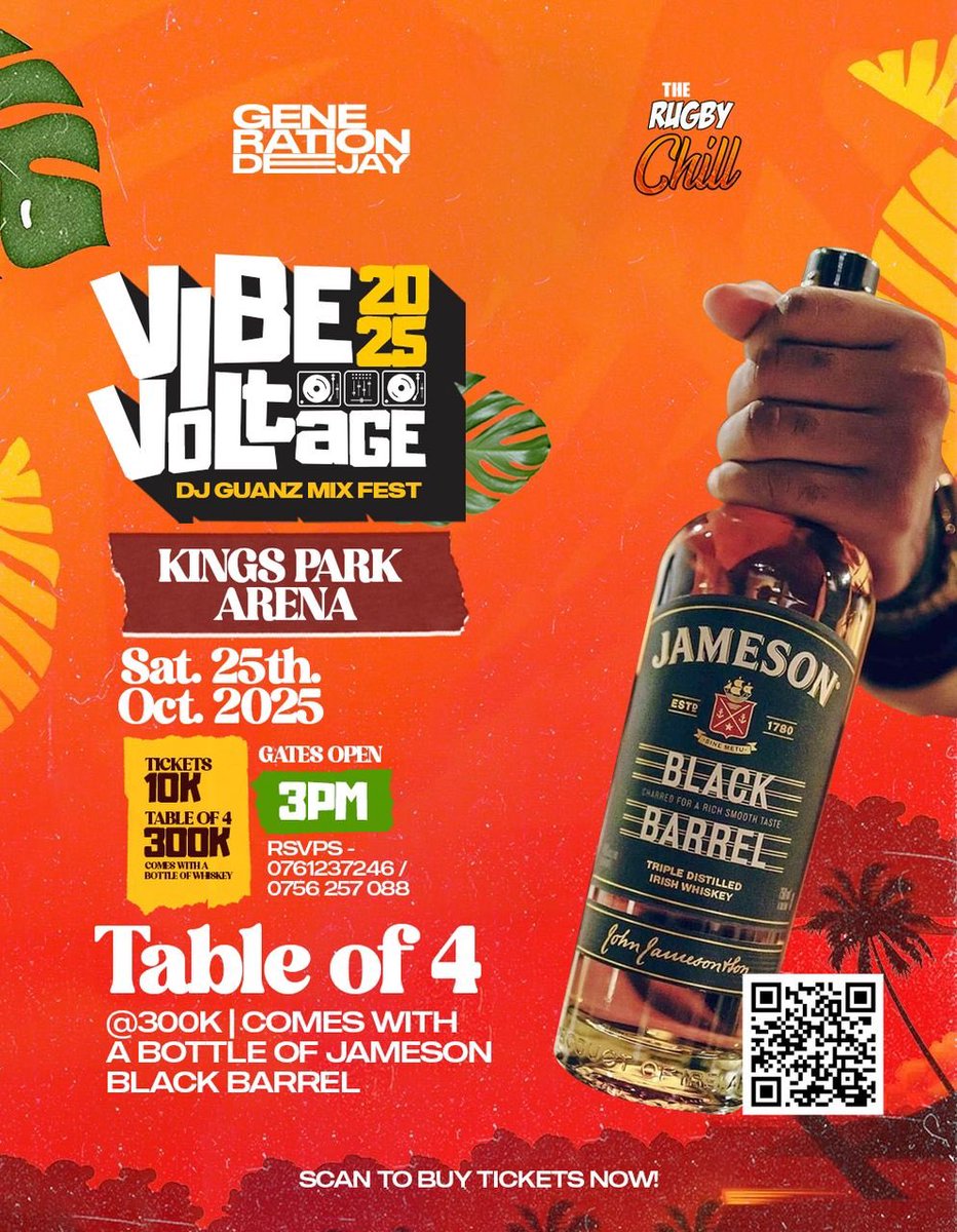 Get ready for Vibe Voltage 2025💪 

On the 25tj Oct - Kings Park Arena with Mr. <a href="/DjayGuanz/">Mr Generation Dj</a> 

 Tickets from 10K UGX, Table of 4 for 300K UGX comes with a bottle of Jameson Black Barrel 🥃. 
#VibeVoltage2025