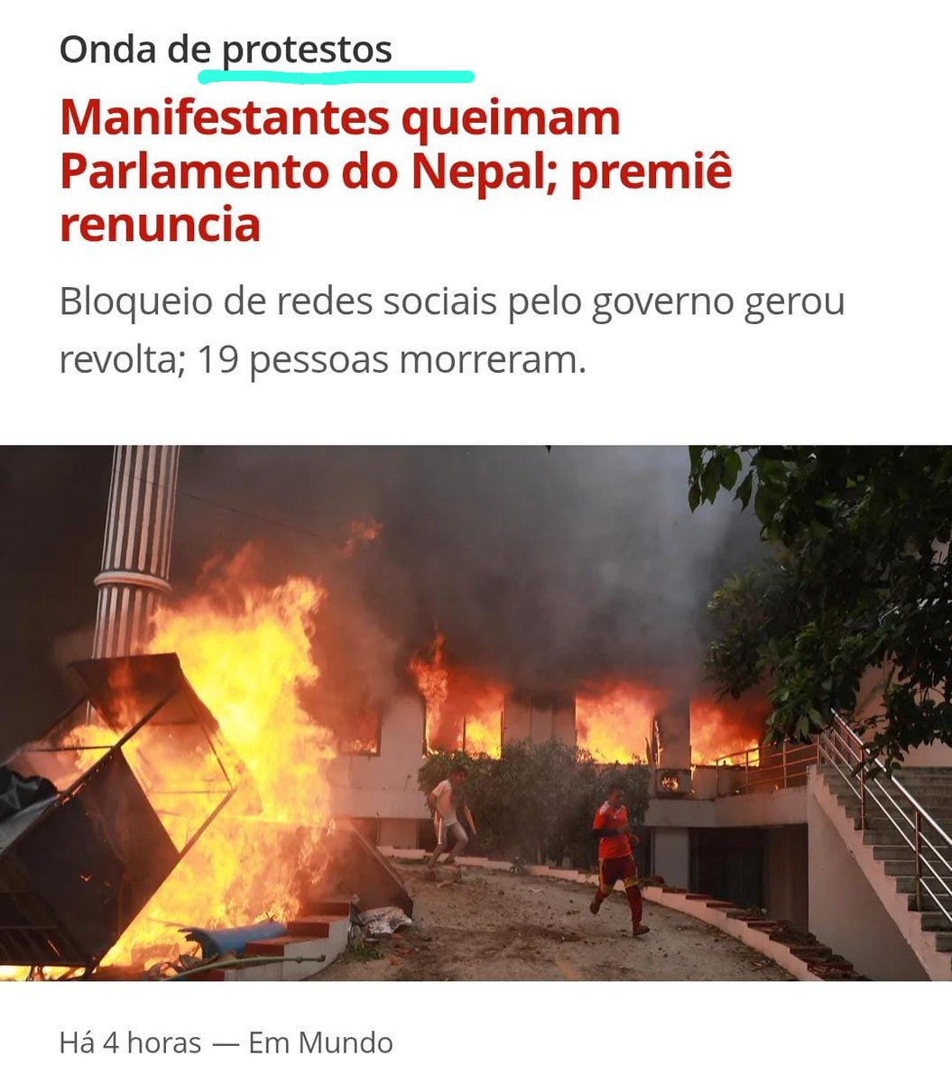 A imprensa chama o que está acontecendo no Nepal de protesto. 

Botaram fogo no parlamento. 

Botaram fogo nas casas dos políticos do partido comunista.

Arrastaram o ministro das finanças de cuecas pelas ruas e o espancaram.

Queimaram viva a ex-primeira-dama.

O