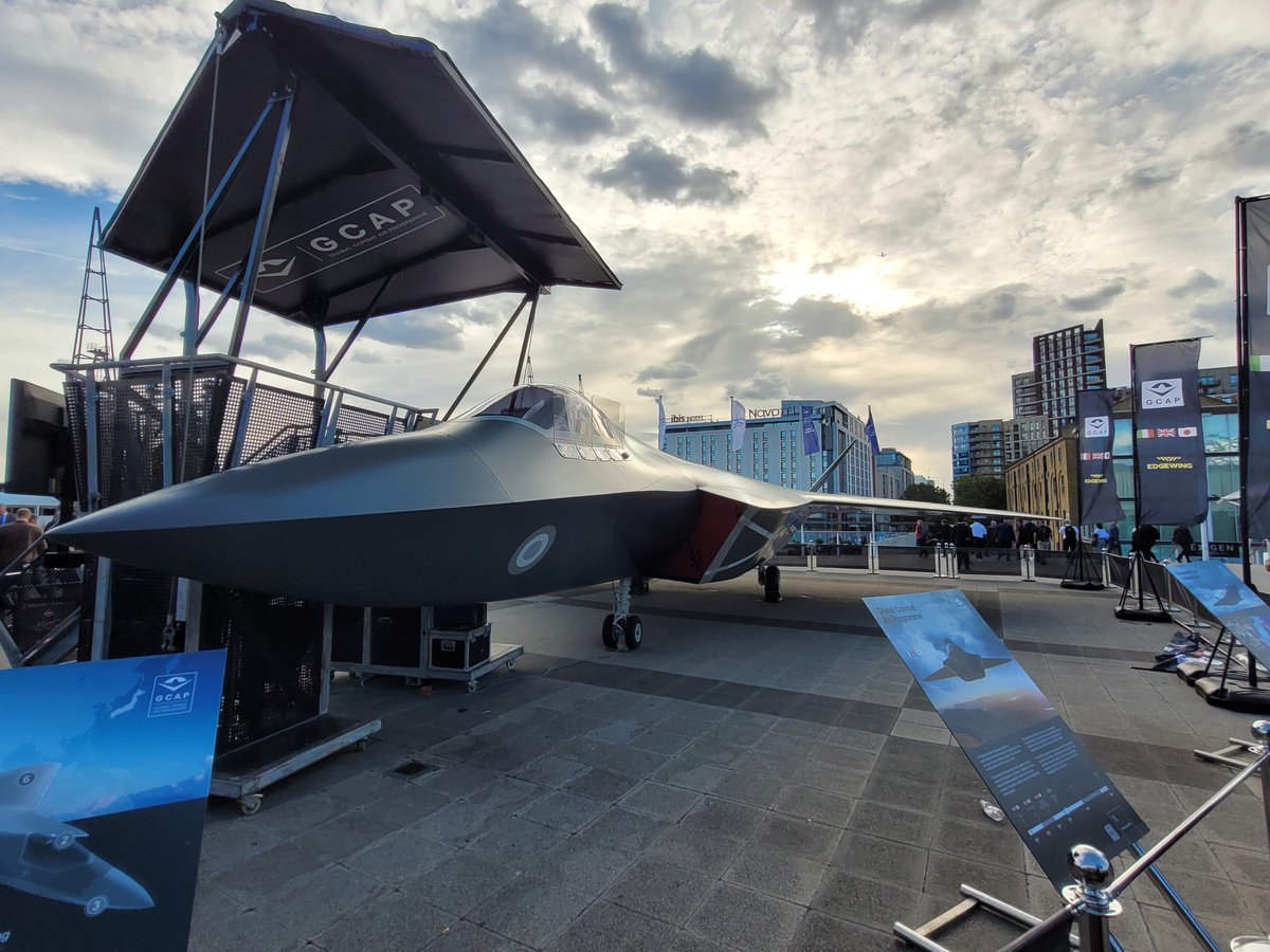 RAeSTimR's tweet image. Impressive looking #GCAP mock-up on gate guard at #DSEI2025 #DSEi