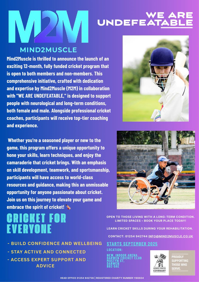 Mind2Muscle Charity Launches Fully Funded 12-Month Inclusive
Cricket Programme

#Mind2Muscle (M2M) is proud to announce the launch of an innovative 12-month cricket programme. 

This cricket initiative is fully funded and uniquely designed to support and rehabilitate individuals