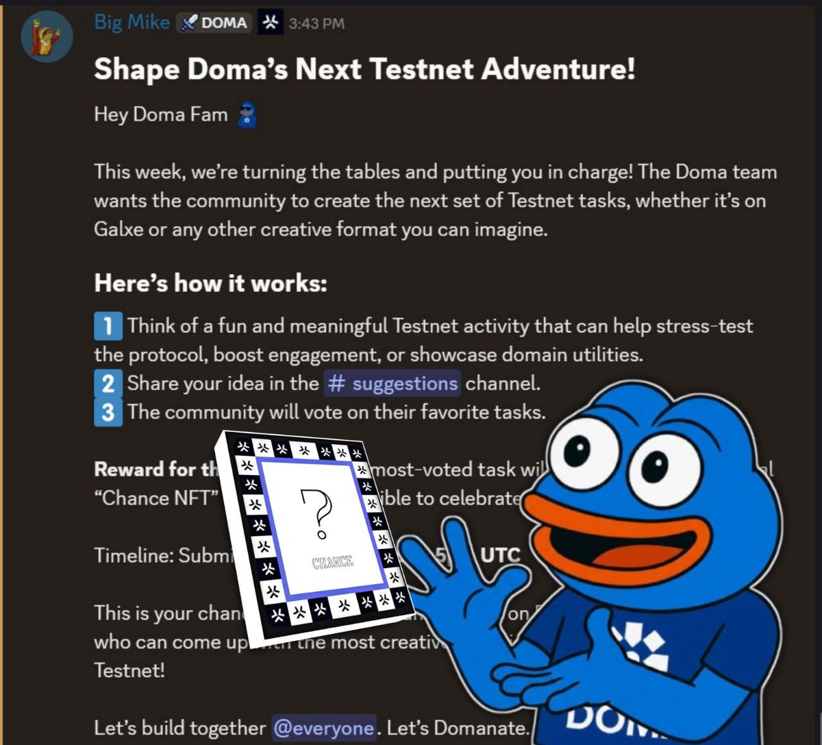 some0nenotuknow's tweet image. Hey hey hey look here ‼️
Get your exclusive Chance NFT...How?

⚡ Your Idea, Our Next Adventure! ⚡

Got a wild idea for Doma’s testnet activities? 🤯
Now it’s YOUR turn to take control!

📝 Drop your creative idea in the #suggestions Discord channel on @domaprotocol 

🗳 The