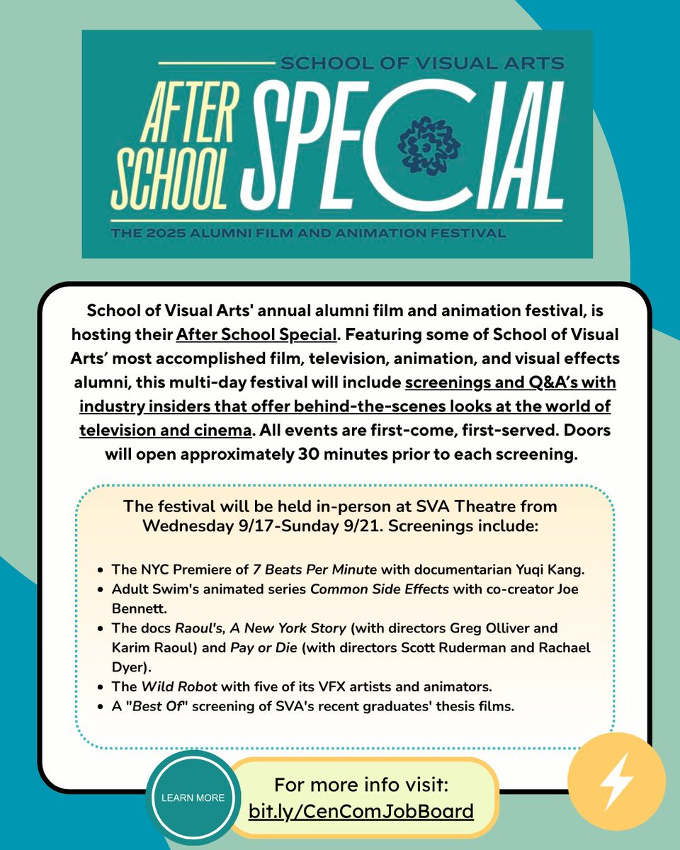 The After School Special 2025: <a href="/SVA_News/">School Of Visual Arts</a>’s Alumni Film &amp; Animation Festival will take place from Wednesday, September 17, 2025 -Sunday, September 21, 2025. 🎬📺 Seating is on a first-come, first-served basis. Go to our job board to learn more.✨bit.ly/CenComJobBoard
