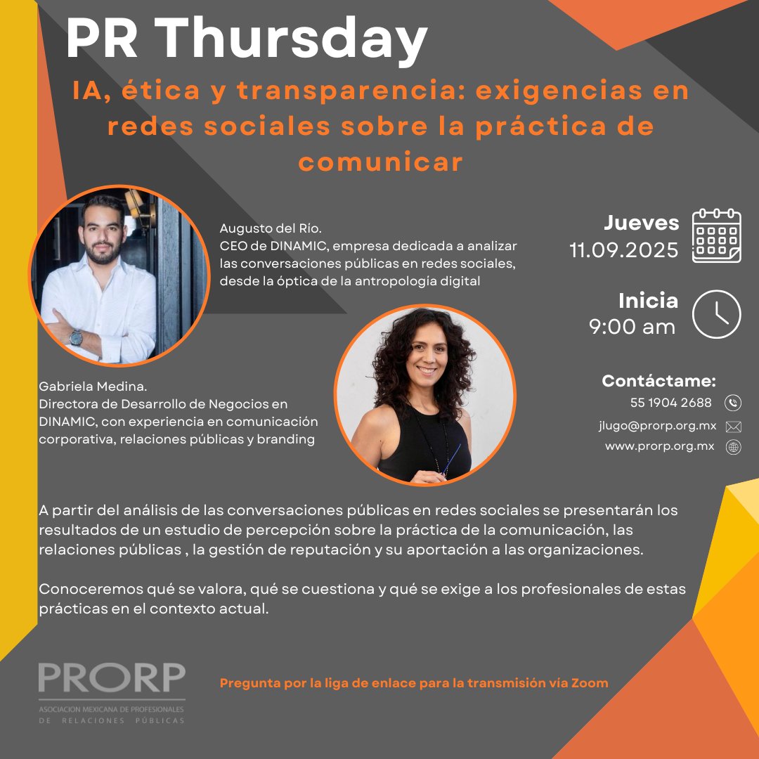 Próximo jueves 11 de septiembre: IA, ética y transparencia. tema de nuestro próximo PR Thursday en <a href="/PRORPMexico/">PRORP</a> 
Inscribete ya!
