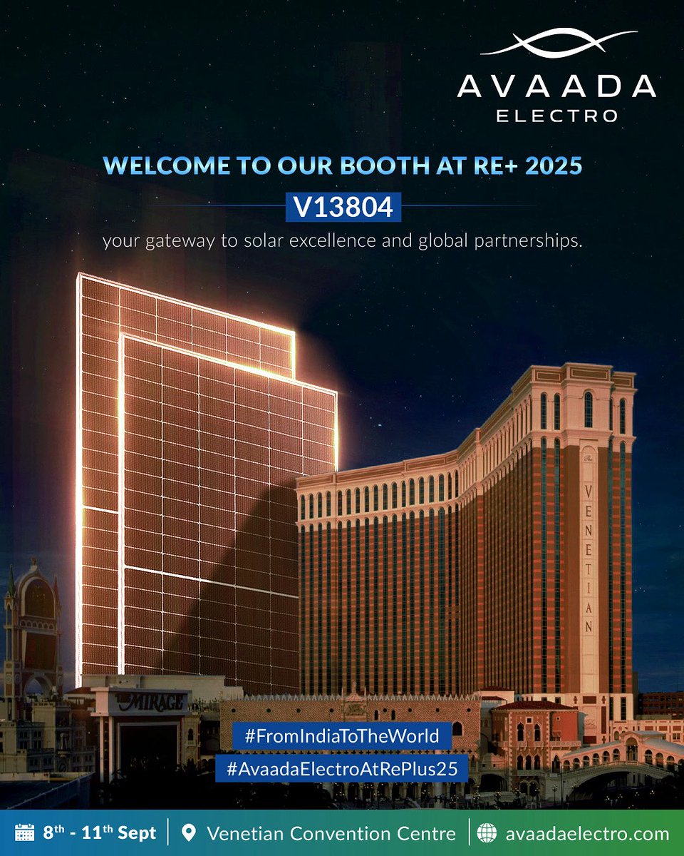 Avaada Electro brings high efficiency N-type TOPCon modules. Engineered for performance, reliability, and long-term value.

Meet us at Booth V13804, RE+ 2025, Venetian Convention Centre, Las Vegas.