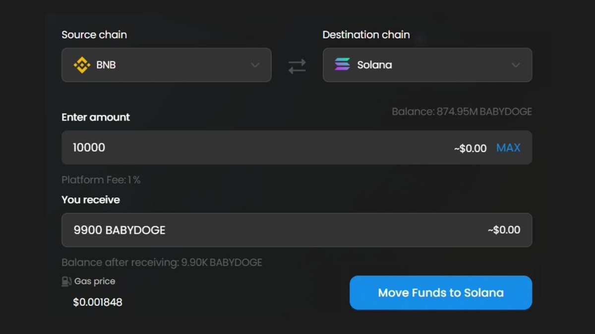 1️⃣ Select BNB as the source & Solana as the destination 2️⃣ Enter the  amount of $BABYDOGE to bridge 3️⃣ Click “Move Funds to Solana” 4️⃣ Approve  two MetaMask pop-ups — first