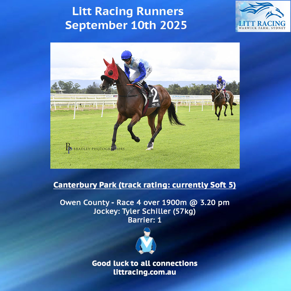 We are off to Canterbury Park today with OWEN COUNTY, who has his first start for the stable. Good luck to all connections, and safe travels to jockey Tyler Schiller and our boy.
