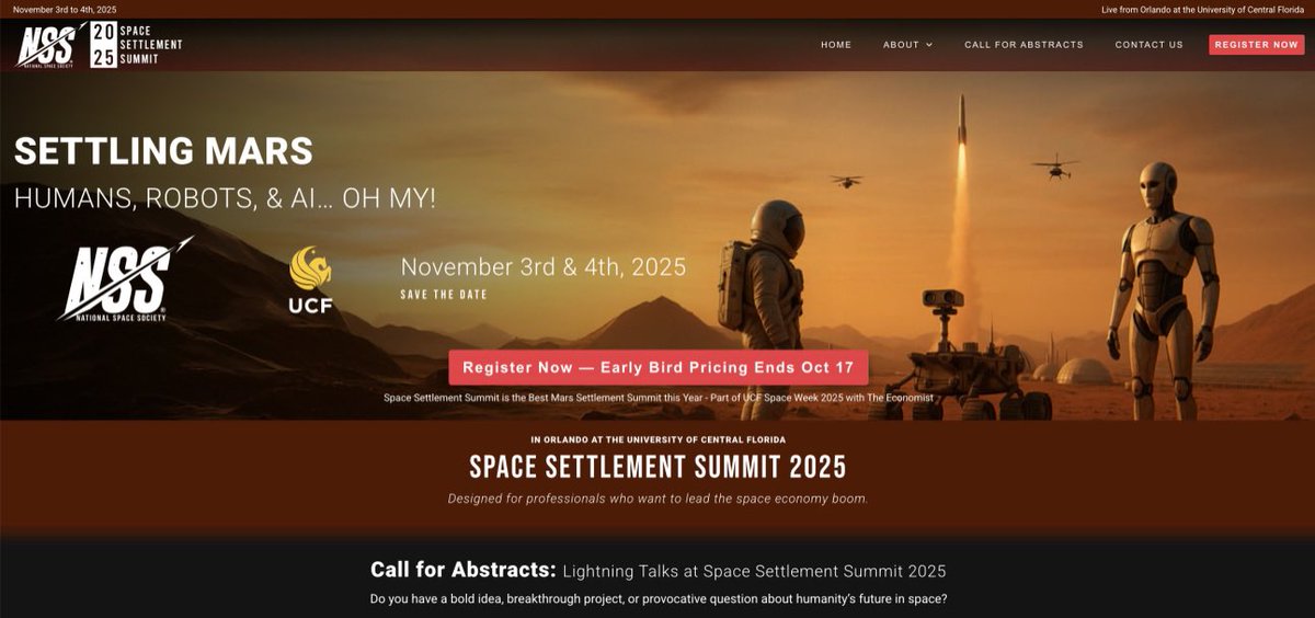 NSS 2025 SPACE SETTLEMENT SUMMIT

Call For Bold Ideas! The NSS SSS on Nov. 3-4, 2025 <a href="/UCF/">UCF</a> Space Week is accepting abstracts for 10-min in-person Lightning Talks.

Submit by Oct. 1 to share breakthrough research, ventures &amp; visions for space settlement: t.ly/kmm8C