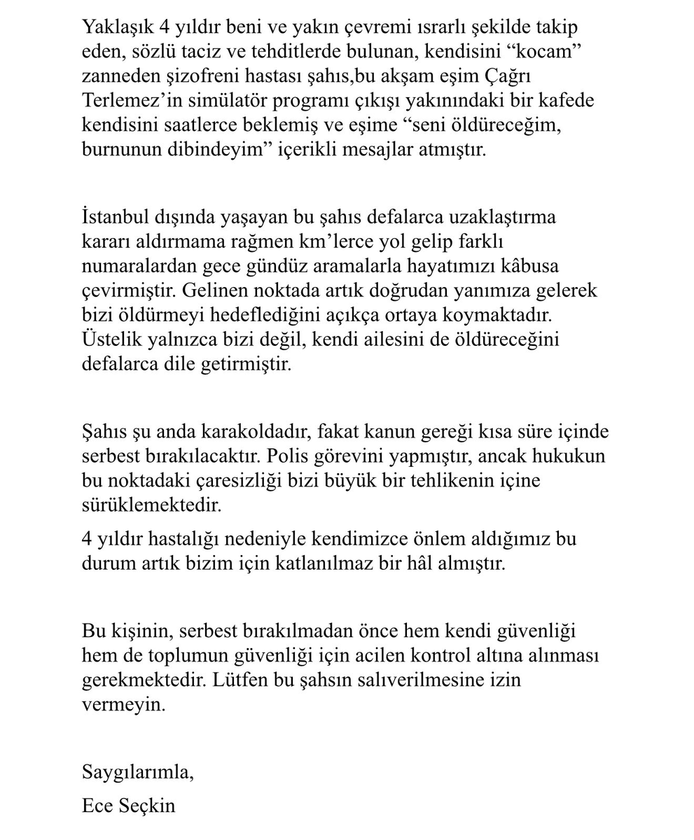 bosunatiklama's tweet photo. Ece Seçkin, 4 senedir kendisini taciz ve tehdit eden sapığı hakkında sosyal medyadan yardım istedi.

"Lütfen salıverilmesine izin vermeyin." https://t.co/OmNtKbRmVi