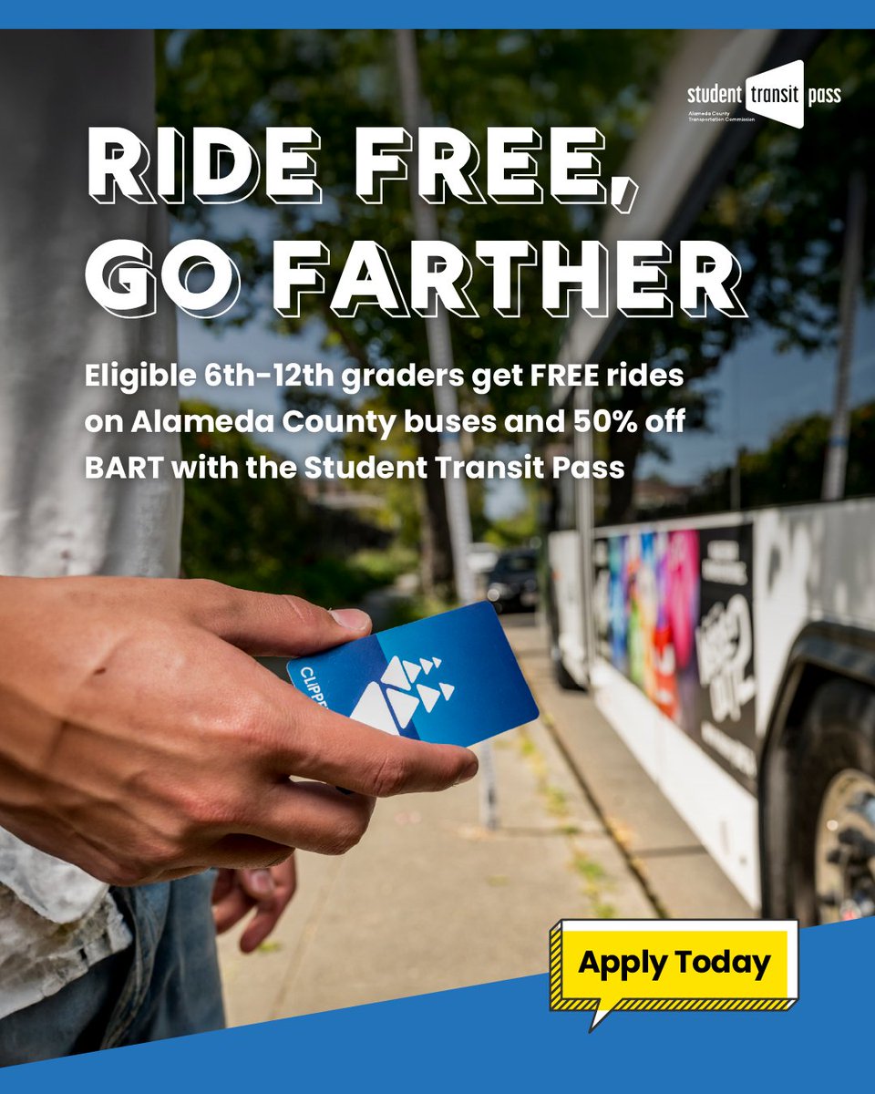 Alameda CTC (@alamedactc) on Twitter photo Get to where youāre goingāfor free! <a href="/AlamedaCTC/">Alameda CTC</a>'s Student Transit Pass Program offers eligible 6th ā 12th grade students FREE rides on county buses and discounts on other Bay Area transit!
Check eligibility and apply today at the link: alamedactc.org/programs-proje⦠Get to where youāre goingāfor free! <a href="/AlamedaCTC/">Alameda CTC</a>'s Student Transit Pass Program offers eligible 6th ā 12th grade students FREE rides on county buses and discounts on other Bay Area transit!
Check eligibility and apply today at the link: alamedactc.org/programs-projeā¦