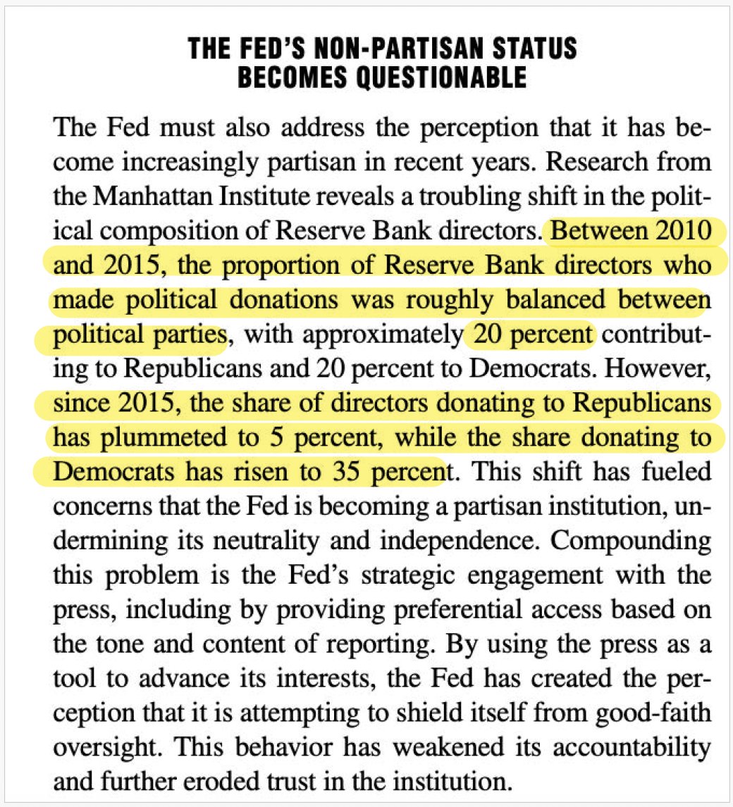 HE WENT THERE--<a href="/SecScottBessent/">Treasury Secretary Scott Bessent</a> points out the <a href="/federalreserve/">Federal Reserve</a>'s skew toward Democrats &amp; away from Republicans in the past decade, including among the 12 Reserve Bank boards, which has clearly impacted its policy decisions (aka "keep Liz happy"). Link in thread below: