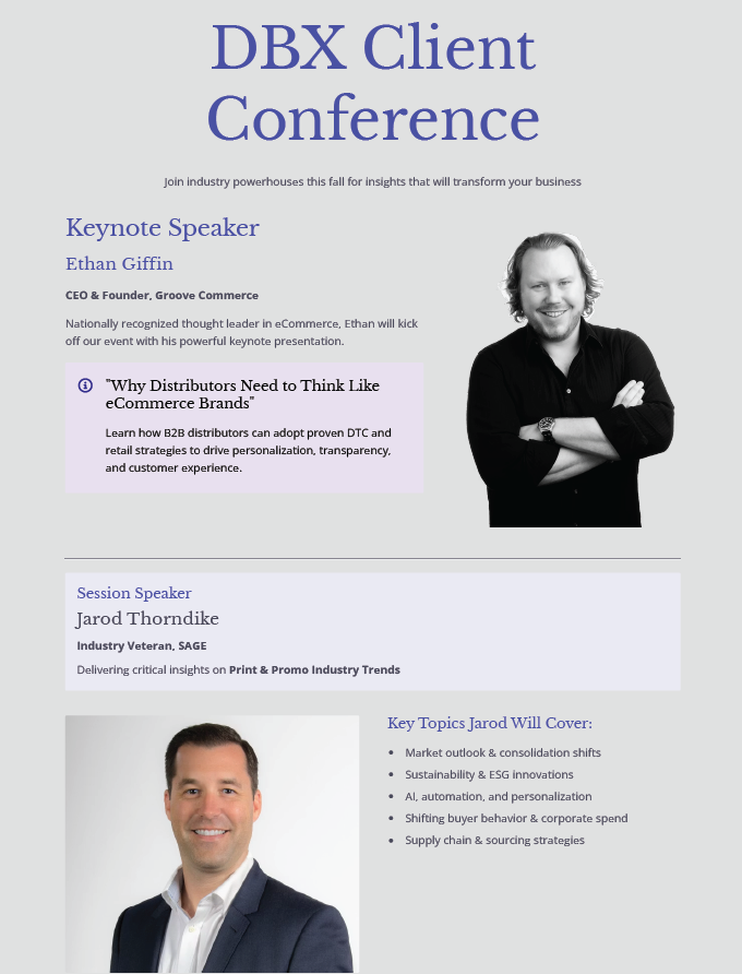 demandbridge's tweet photo. @demandbridge conference speakers!

𝗘𝘁𝗵𝗮𝗻 𝗚𝗶𝗳𝗳𝗶𝗻, @groovecommerce  — “𝗪𝗵𝘆 𝗗𝗶𝘀𝘁𝗿𝗶𝗯𝘂𝘁𝗼𝗿𝘀 𝗡𝗲𝗲𝗱 𝘁𝗼 𝗧𝗵𝗶𝗻𝗸 𝗟𝗶𝗸𝗲 𝗲𝗖𝗼𝗺 𝗕𝗿𝗮𝗻𝗱𝘀”

𝗝𝗮𝗿𝗼𝗱 𝗧𝗵𝗼𝗿𝗻𝗱𝗶𝗸𝗲, SAGE — Print &amp; Promo Trends
👉 https://t.co/TZ9R53v54N https://t.co/27wrhKSPZp