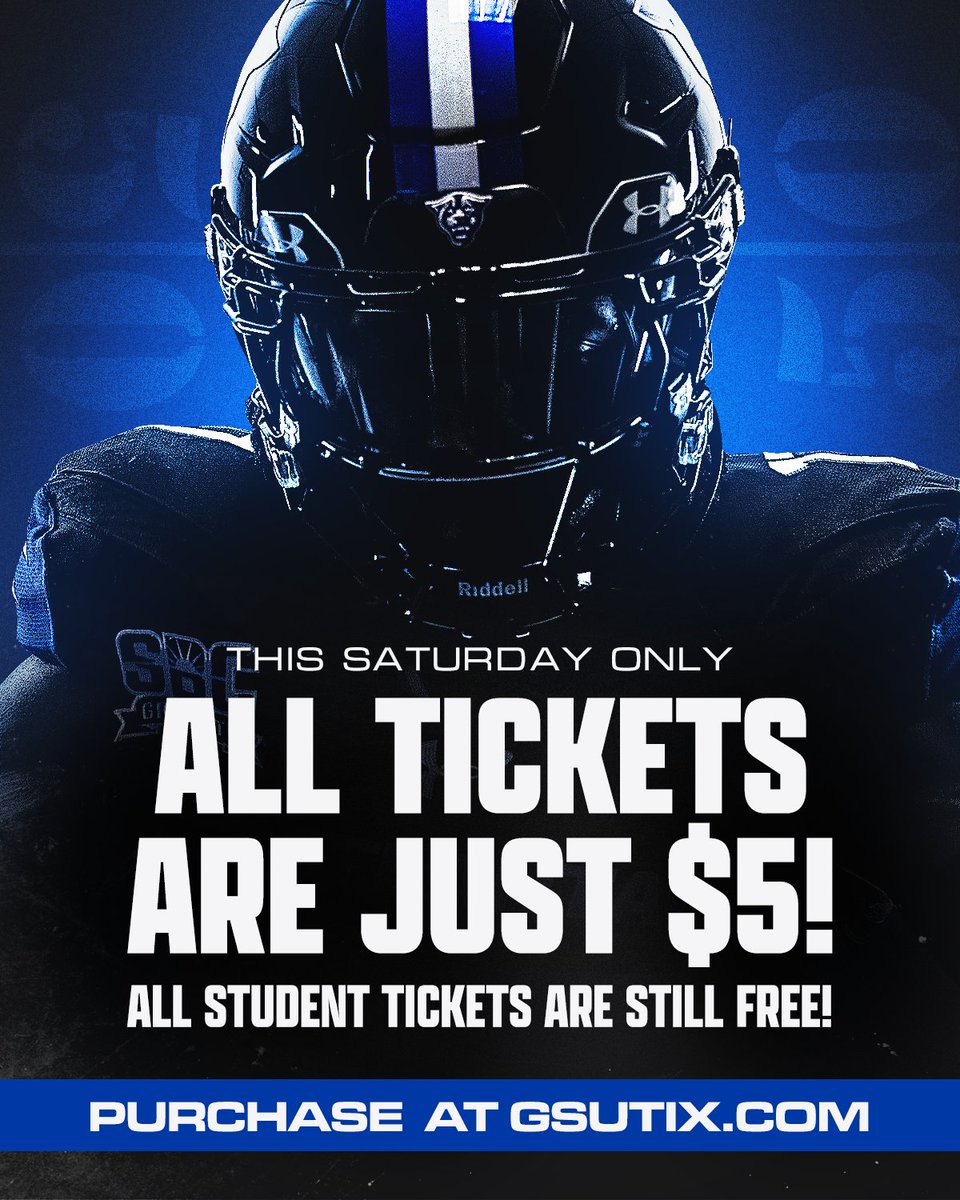 GeorgiaStateFB's tweet photo. $5 TICKET NIGHT! 😱

Bring your family, friends, coworkers, classmates, or roommates to the game this Saturday. Tickets are just $5! Kickoff is at 7:00 PM. 

🎟️ General: https://t.co/cNZBOZ1EHJ
🎟️ Students (FREE): https://t.co/qK4ATOGtQ4

#LightItBlue | #NewAtlanta