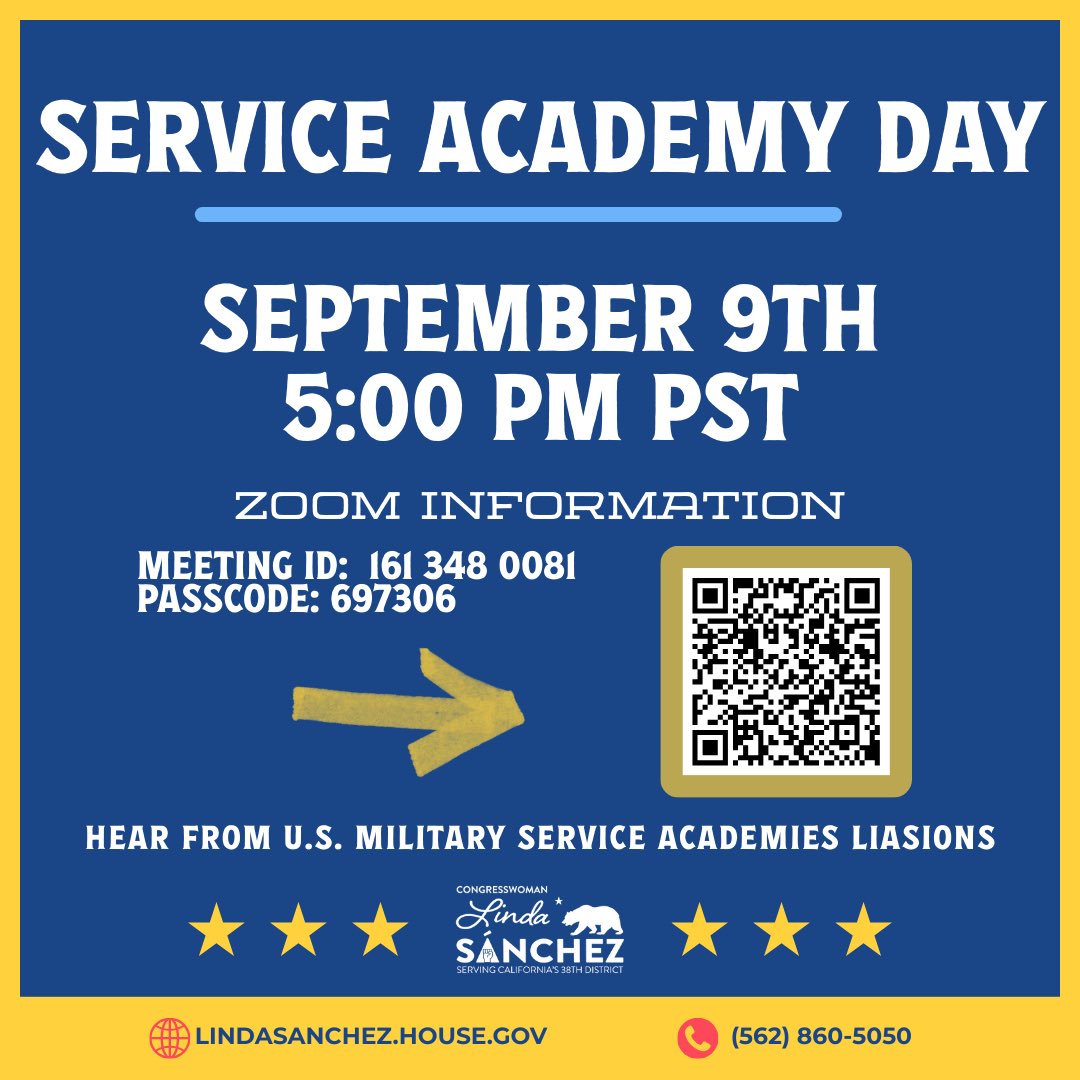 Don't forget about our Service Academy Day tonight at 5pm PST where you will hear directly from U.S. Service Academy liaisons and learn about the opportunities to serve our country.
 
Link to the zoom below! 👇
ushr.zoomgov.com/j/1613480081?p…
