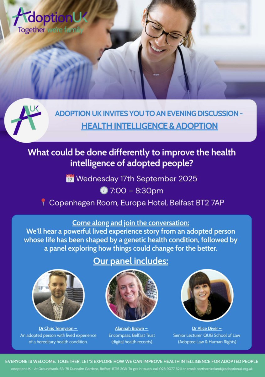Looking forward to joining this panel discussion in the Europa Hotel next week, hosted by <a href="/AdoptionUK/">Adoption UK</a>, to highlight the urgent need for service developments to ensure adopted people have better access to genetic medical histories ow.ly/YfEo50WR3kv
