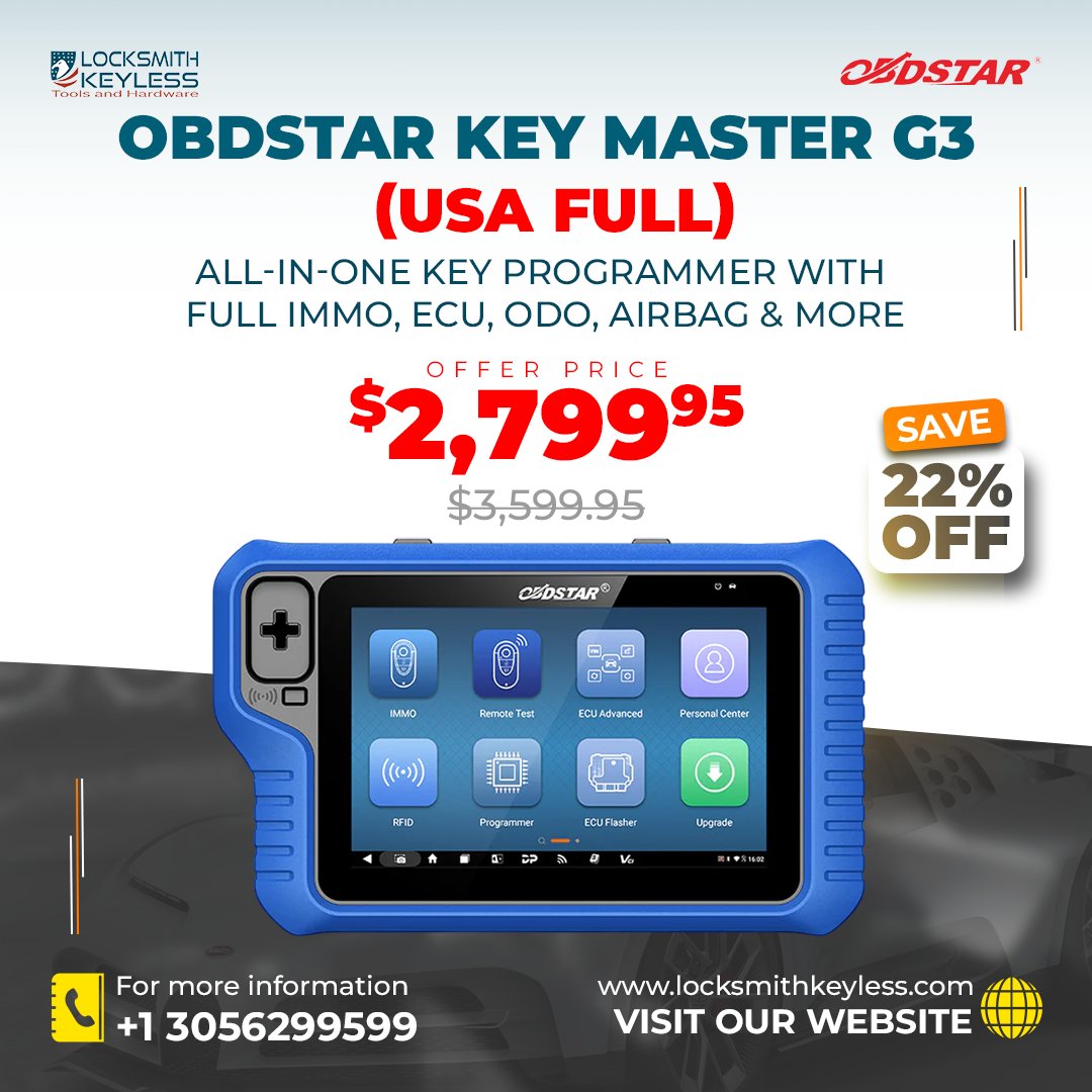 LksmithKeyless's tweet image. Unlock savings on OBDSTAR Key Master G3 (USA FULL)! 🚀
Full IMMO, ECU, ODO &amp;amp; Airbag functions in 1 tool.
🔥 Now $2,799.95 (was $3,599.95) — SAVE 22%!
👉 locksmithkeyless.com/collections/ob…

#LocksmithTools #OBDSTAR #KeyProgramming