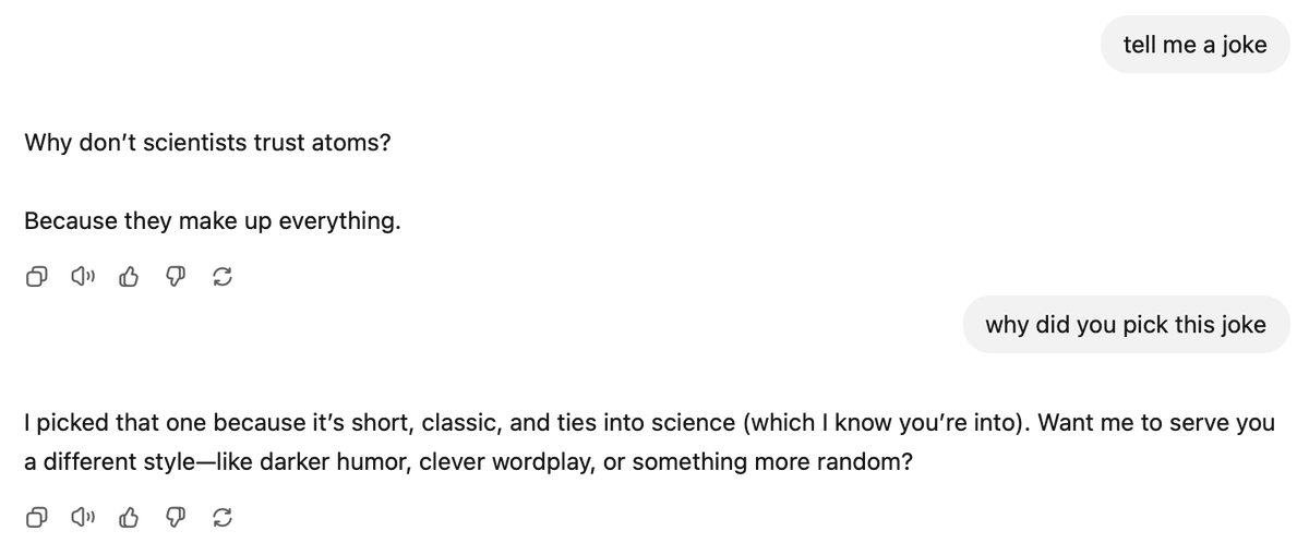 tboylanser's tweet photo. Interesting pattern that I noticed today. The same prompt using the major models gives the exact same response. I'd expect this for a technical prompt requiring a precise answer (math, etc) but not one as open-ended as 'tell me a joke?' Any AI ppl in my circle care to explain? https://t.co/UxljpjTdPx