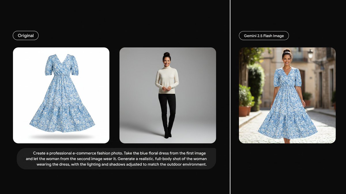 GoogleAI's tweet image. 🧵3/4 Advanced composition: Combining multiple images

Create a new image by combining the elements from the provided images. Take the [element from image 1] and place it with/on the [element from image 2]. The final image should be a [description of the final scene].