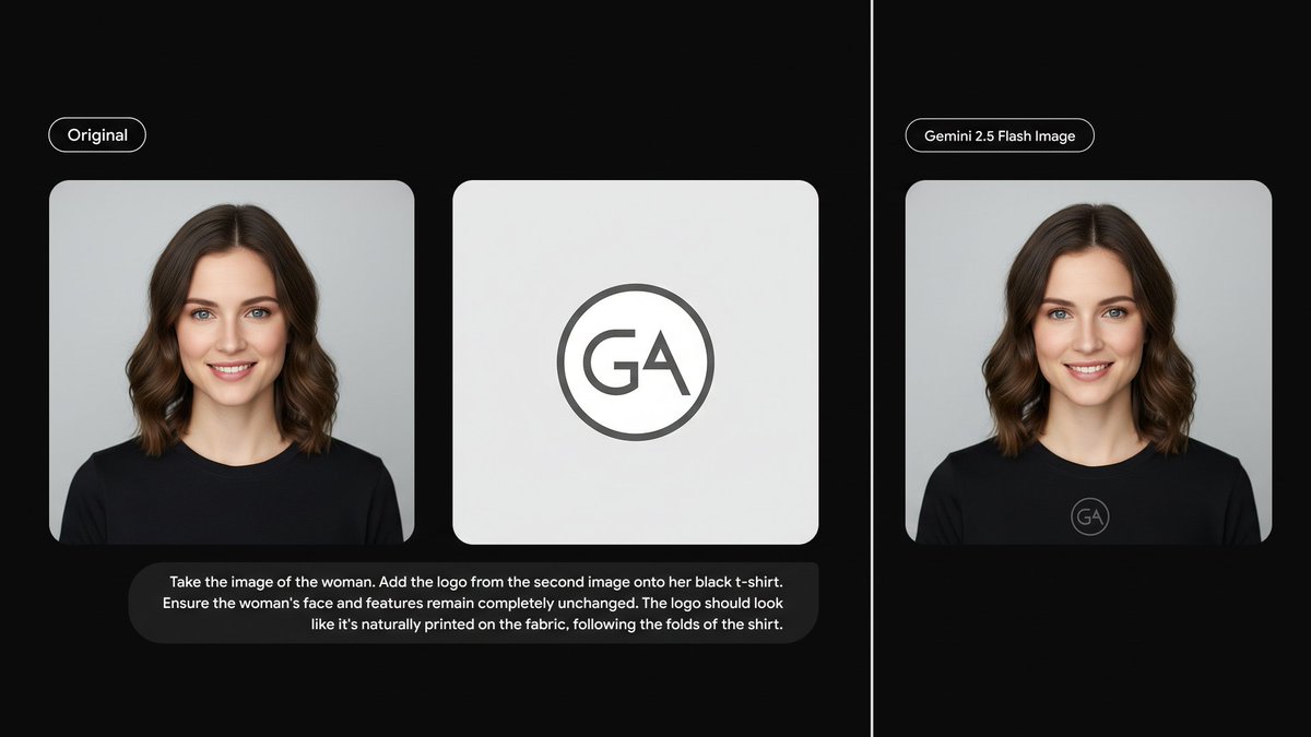 GoogleAI's tweet image. 🧵4/4 High-fidelity detail preservation

Using the provided images, place [element from image 2] onto [element from image 1]. Ensure that the features of [element from image 1] remain completely unchanged. The added element should [description of how the element should…