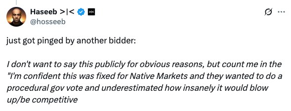 Haseeb 发帖截图，指控对 Native Markets 的投票被操纵