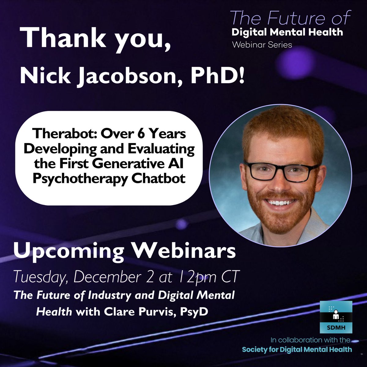 Huge thank you to Dr. Nick Jacobson for his insightful presentation, “Therabot: Over 6 Years Developing and Evaluating the First Generative AI Psychotherapy Chatbot.” 🎉

You can watch the full recording now on our YouTube channel: youtu.be/7FoyGVnGoQA✨
