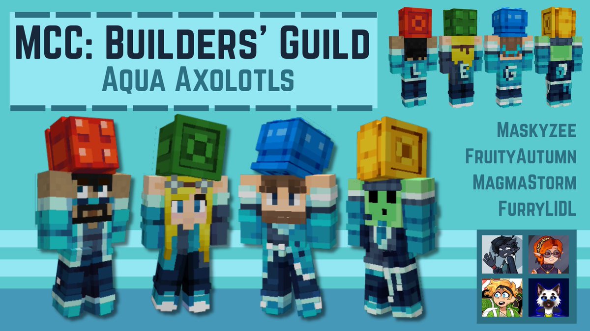 fruityautumn's tweet image. MCC: BUILDERS GUILD - AQUA AXOLOTLS
 — collab with @maskyzee , @magmaSt0rm and @FurryLIDL !

RTs appreciated!
skin download in description!

[ #mcc #minecraftskins ]