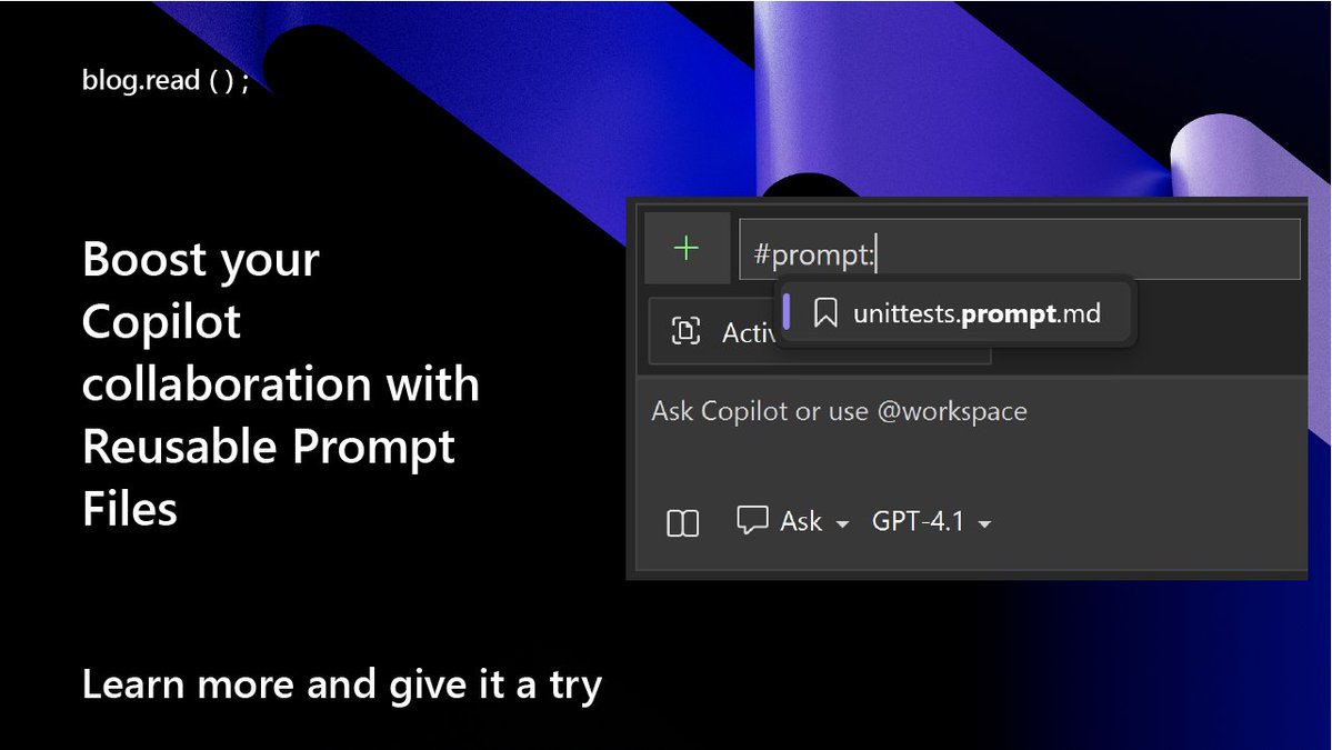 VisualStudio's tweet image. Level up your Copilot game in Visual Studio!
Reusable prompt files let you save, share, and run your best prompts—making teamwork and coding faster than ever.
Check out the details: msft.it/6016seczg
#GitHubCopilot #VisualStudio