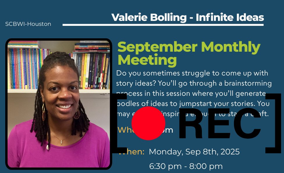SCBWIHouston's tweet image. Missed our September Monthly Meeting with Valerie Bolling? Catch the replay before Oct 9! Learn tips to beat writer’s block, spark story ideas, and boost creativity. Watch now: scbwi.zoom.us/.../_QJxPnGGT_…...
#WritersCommunity #KidLit #CreativeWriting